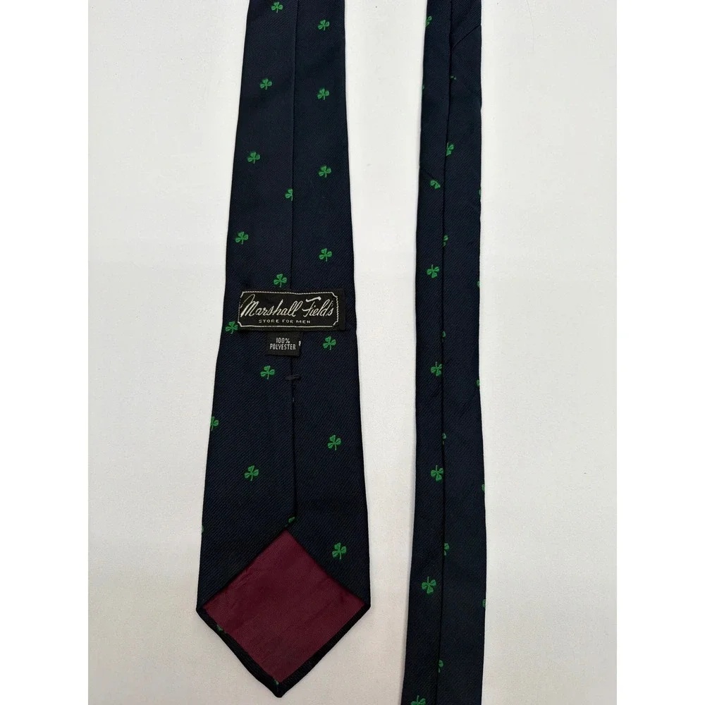Vintage Marshall Fields Mens Navy Blue Green Shamrock Clover Polyester Tie USA